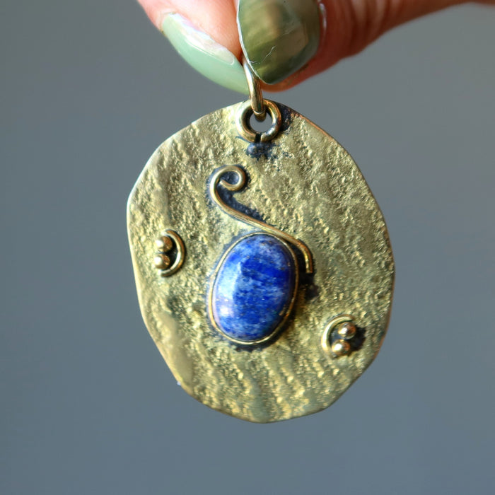 Lapis Pendant Blue Gem of Tibet Artisan Brass