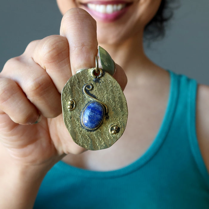Lapis Pendant Blue Gem of Tibet Artisan Brass