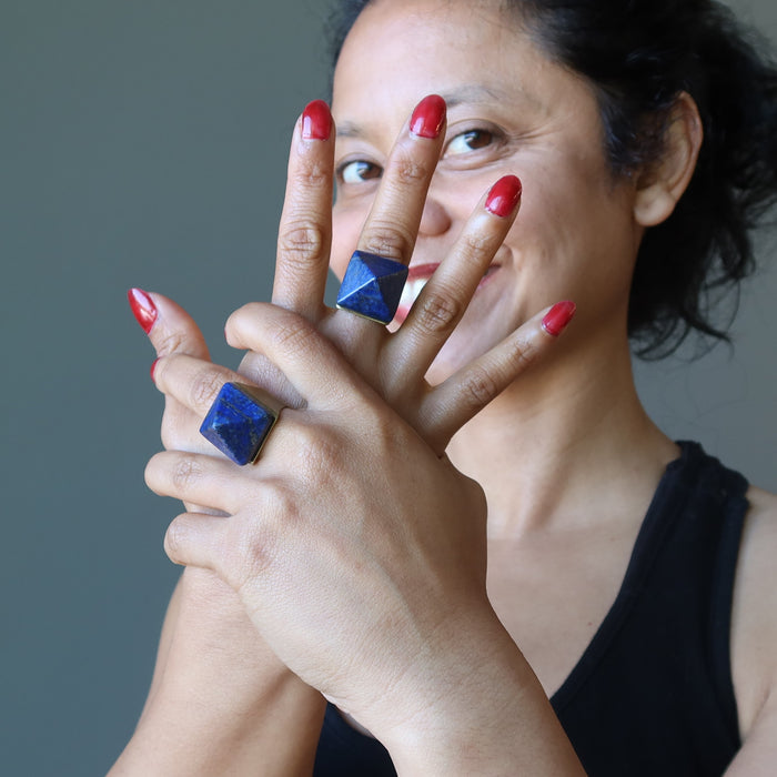 sheila of satin crystals wearing lapis pyramid rings