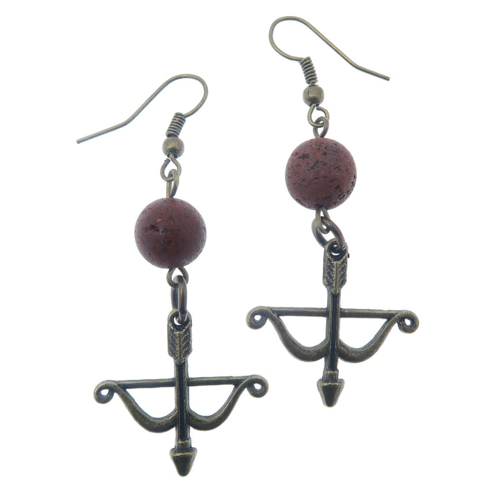 red lava bow and arrow archery dangle earrings