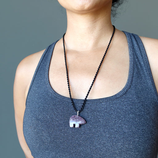 Lepidolite Necklace Purple Bear Spirit Animal Gemstone Black Cord
