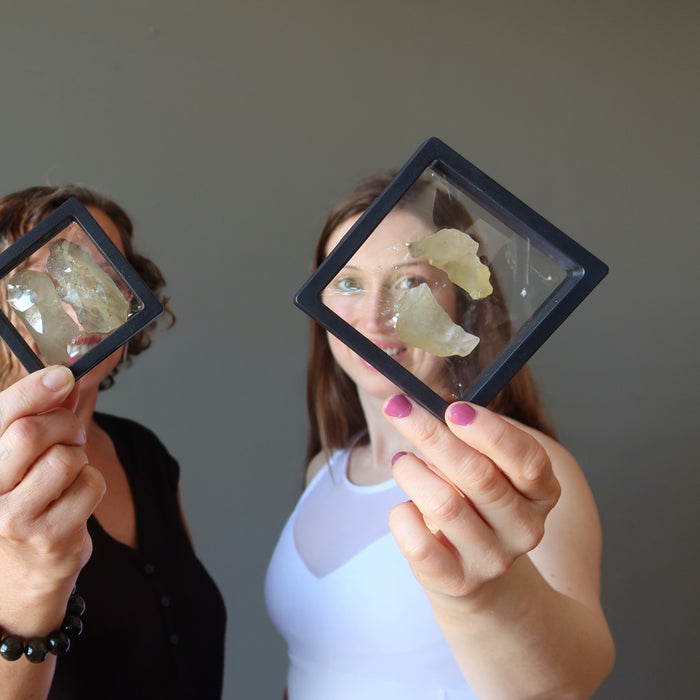 two females holding libyan desert glass pairs in display cases
