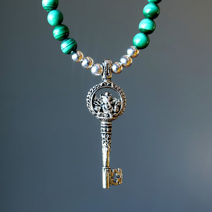 silver ganesh skeleton key malachite necklace