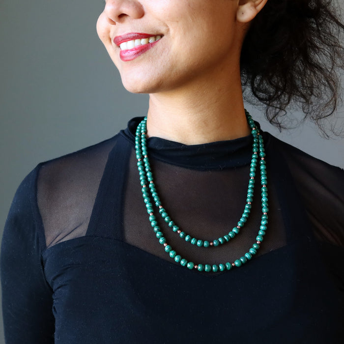 model wearing double strand malachite necklace