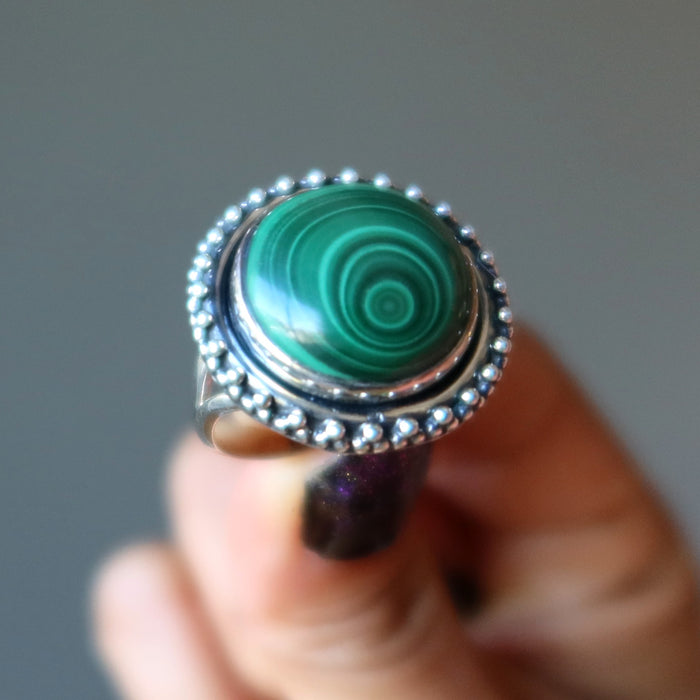 Malachite Ring Super Swirl Sterling Silver Size 8.5