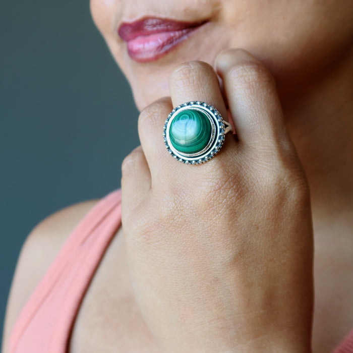 Malachite Ring Super Swirl Sterling Silver Size 8.5
