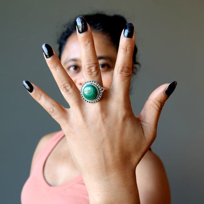 Malachite Ring Super Swirl Sterling Silver Size 8.5
