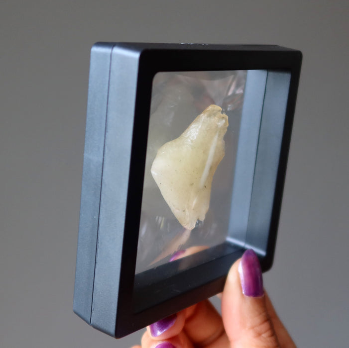 hand holding yellow libyan desert glass rough tektite in suspension case