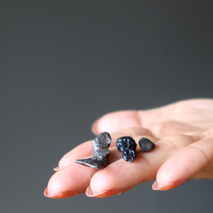 Real Meteorite set by Satin Crystals includes black tektite, chelyabinsk and agoudal space rocks in hand