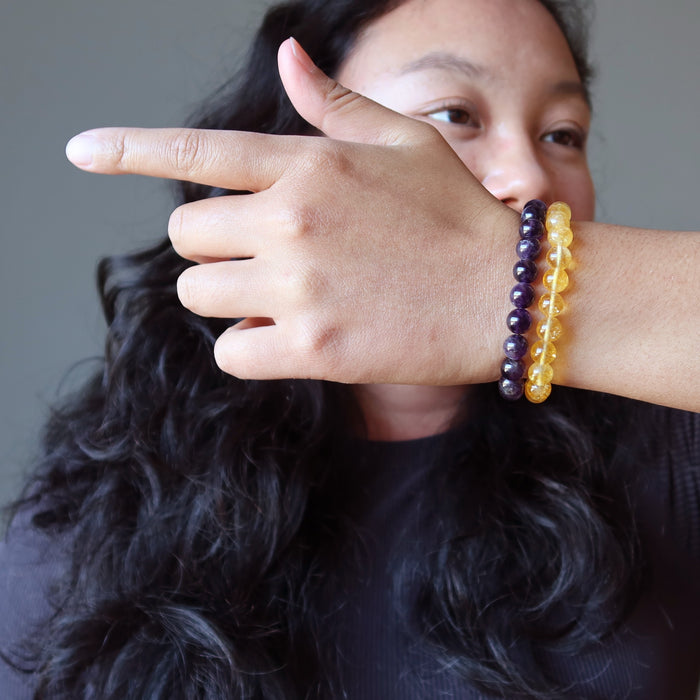 jessica of satin crystals modeling amethyst and citrine bracelet set