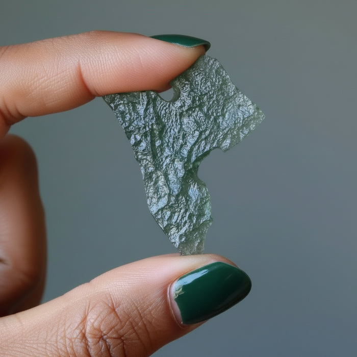 hand holding raw moldavite 