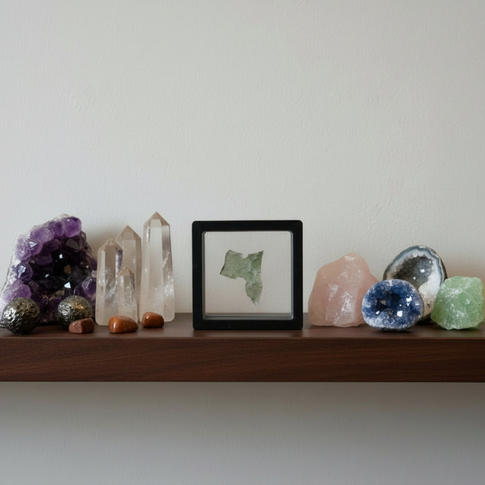 raw moldavite in suspension display case