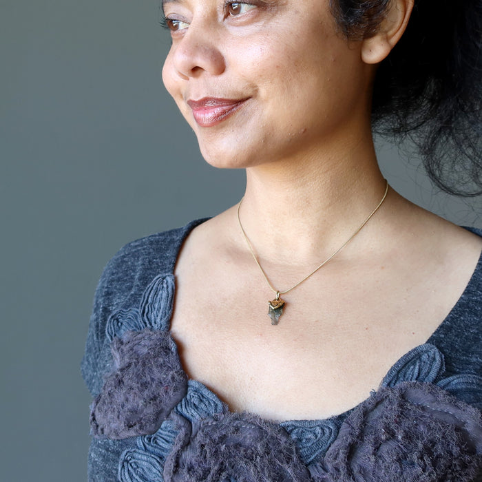 Moldavite Necklace God and Goddess Gemstone Gilded Gold