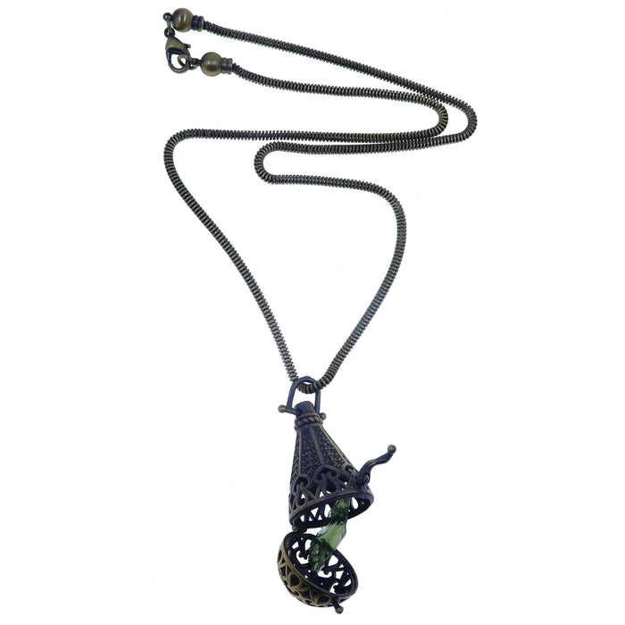 moldavite stone in gold brass locket on snake chain necklace
