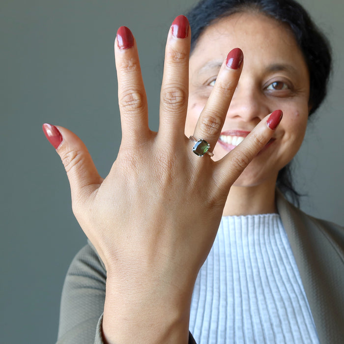 sheila of satin crystals wearing moldavite ring on her finger
