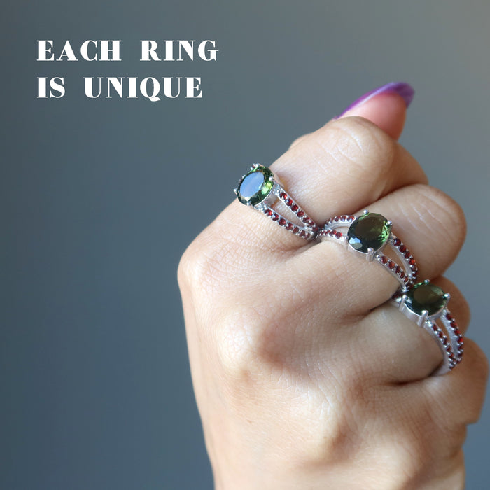 moldavite garnet rings on hand 