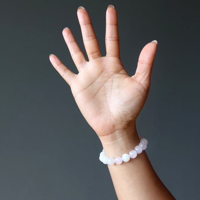 white moonstone and pink rose quartz round beaded stretch bracelet