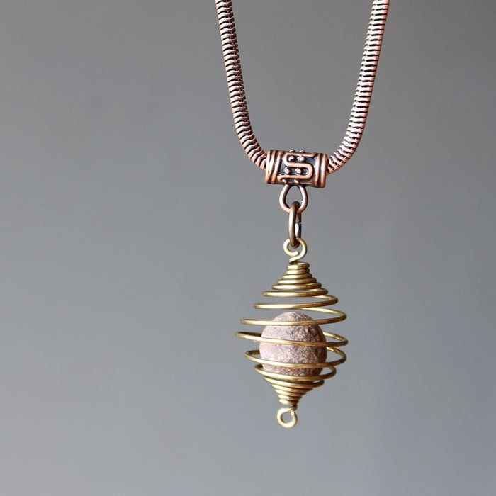 moqui marble stone in vintage cage on antique copper snake chain necklace