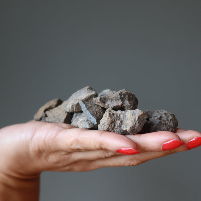 hand holding a bunch of of nwa meteorites