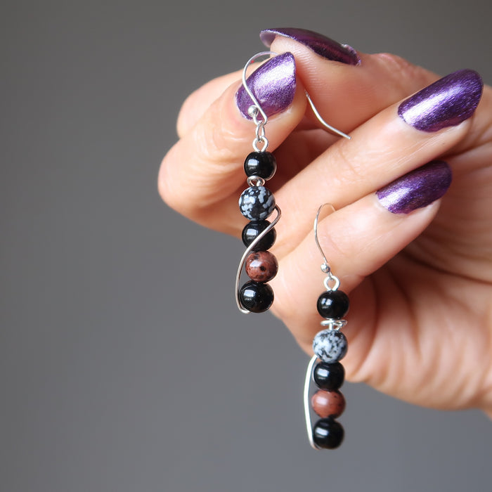 Obsidian Earrings Total Protection Black, Snowflake, Mahogany