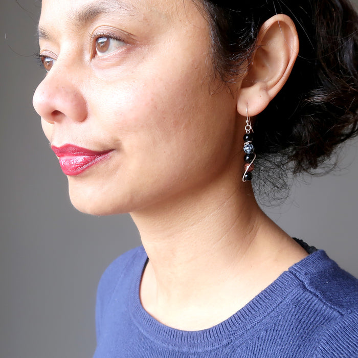 Obsidian Earrings Total Protection Black, Snowflake, Mahogany