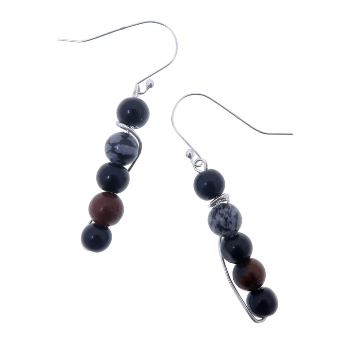 black, mahogany, snowflake obsidian beaded sterling silver dangle earrings