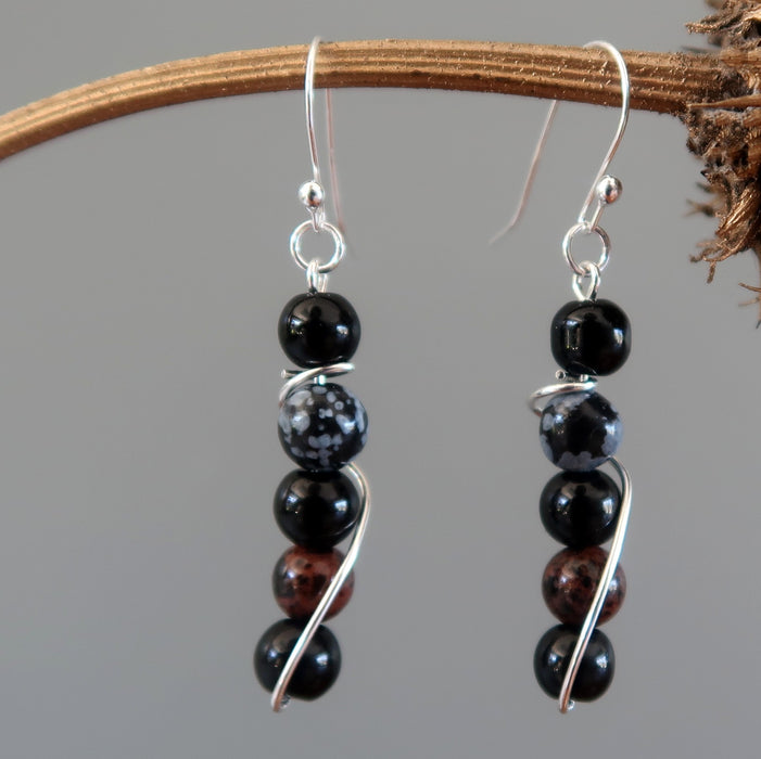 Obsidian Earrings Total Protection Black, Snowflake, Mahogany
