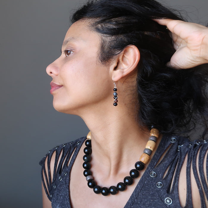 Obsidian Earrings Total Protection Black, Snowflake, Mahogany