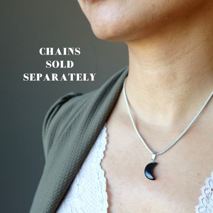 female model wearing Crescent Moon Black Obsidian Pendant 