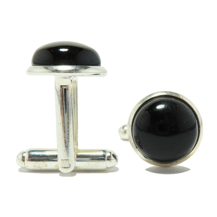black onyx circles in silver cufflinks