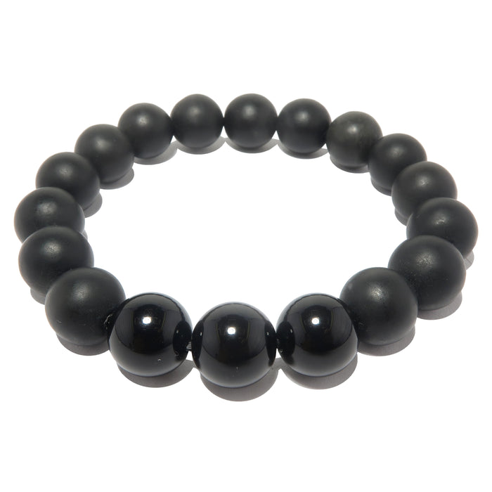 matte and polished glossy beaded round black onyx stretch bracelet