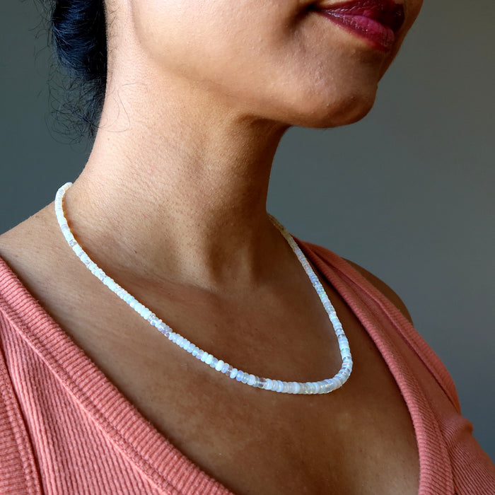 woman wearing opal necklace