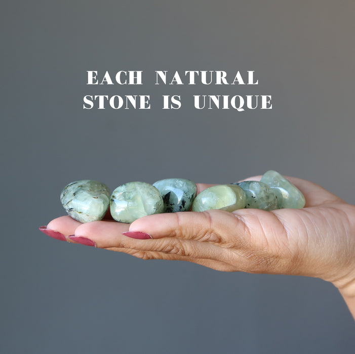 prehnite tumbled stones in hand