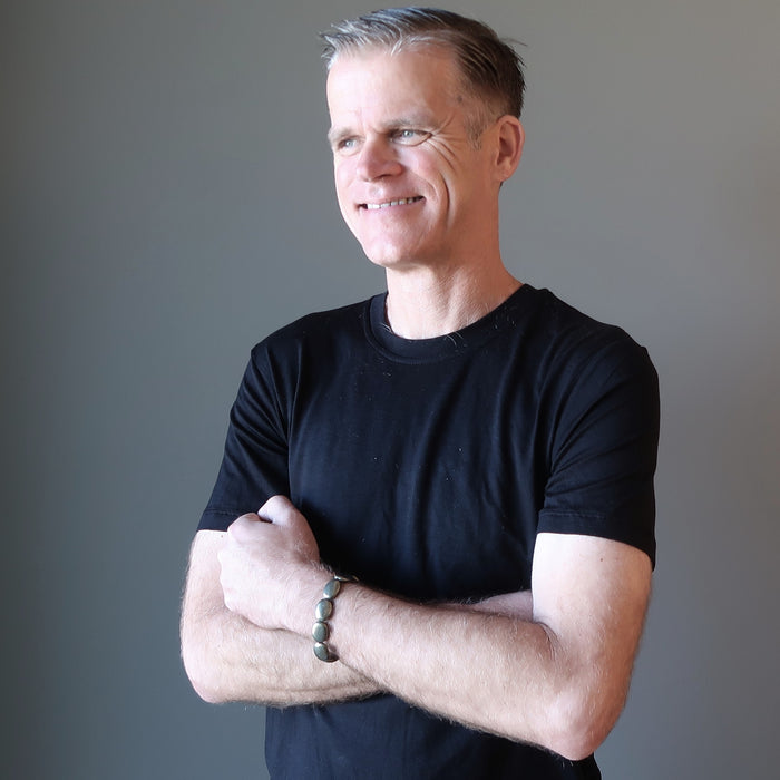 ryan of satin crystals wearing pyrite oval stretch bracelet