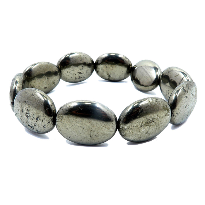 genuine iron pyrite chunky oval stretch bracelet. metallic gold polished gemstone beads handmade at satin crystals jewelry studio
