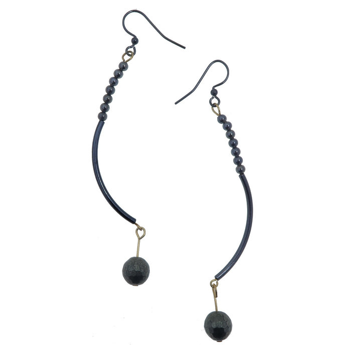 faceted pyrite on long curved earrings 