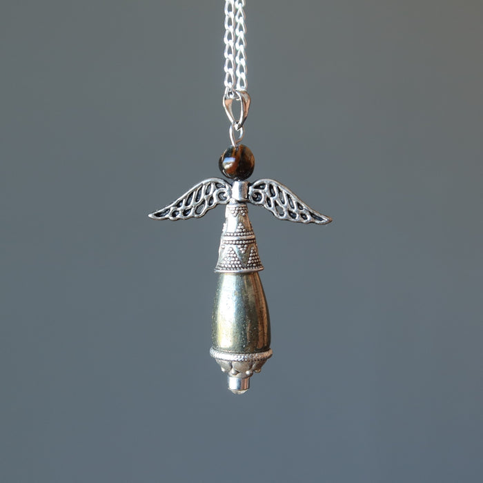 PYRITE AND TIGERS EYE BEADED PENDANT ON STERLING SILVER NECKLACE