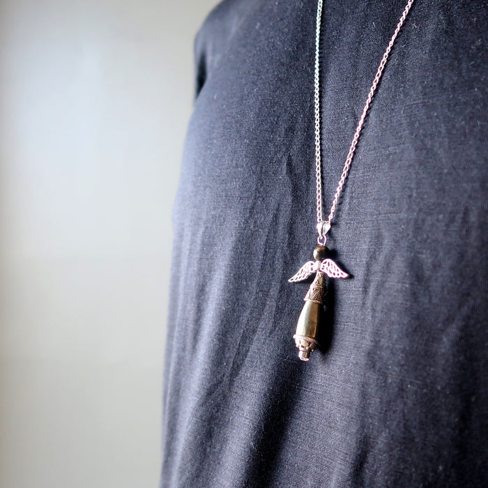 male wearing pyrite tigers eye angel necklace
