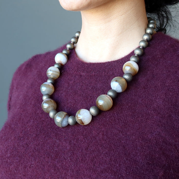 model wearing Snow Quartz Brown Agate Necklace