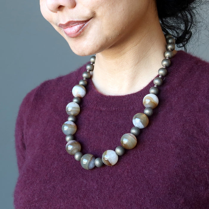 sheila wearing Snow Quartz Brown Agate Necklace