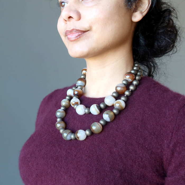 sheila wearing Snow Quartz Brown Agate Necklace