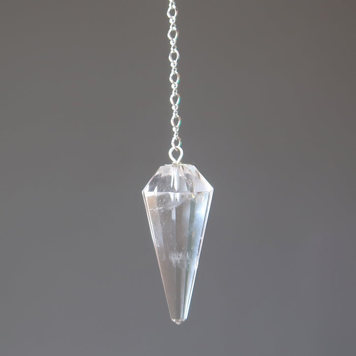 multi faceted clear quartz pendulum on sterling silver chain