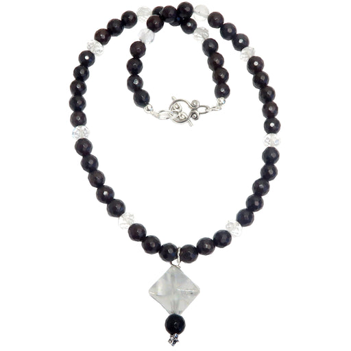 clear quartz merkaba pendant on beaded faceted brown chalcedony necklace