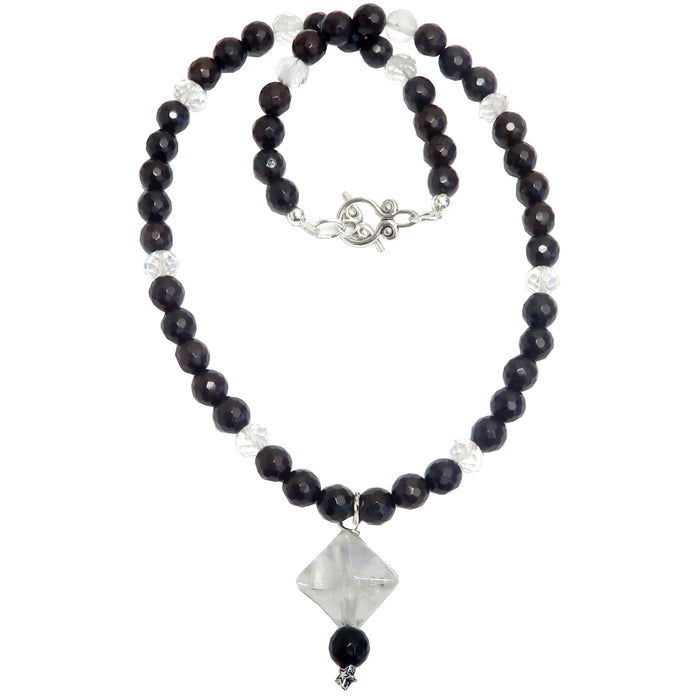 clear quartz merkaba pendant on beaded faceted brown chalcedony necklace