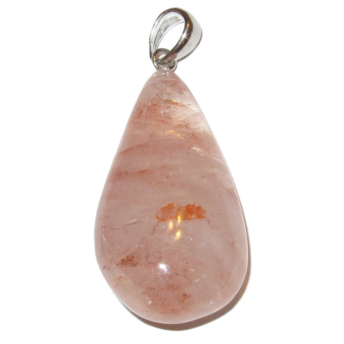 clear quartz with red fire inclusions in teardrop pendant 