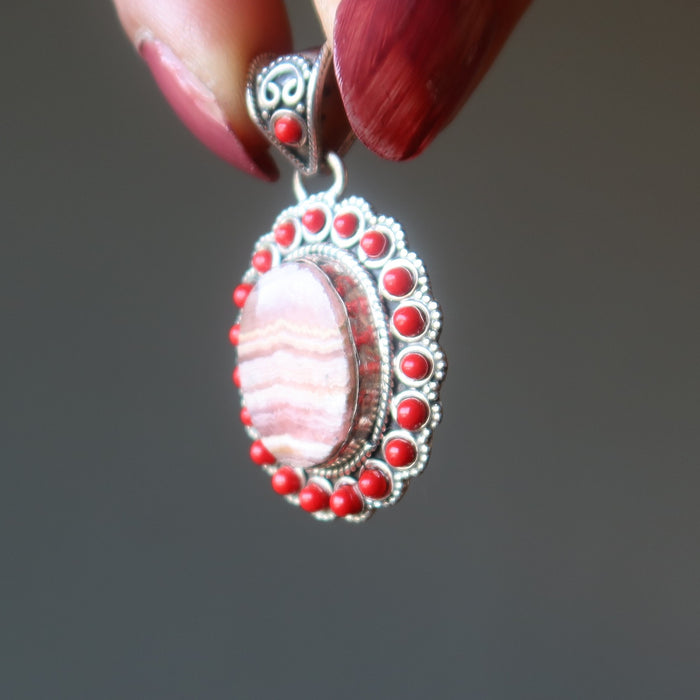 rhodochrosite and coral pendant