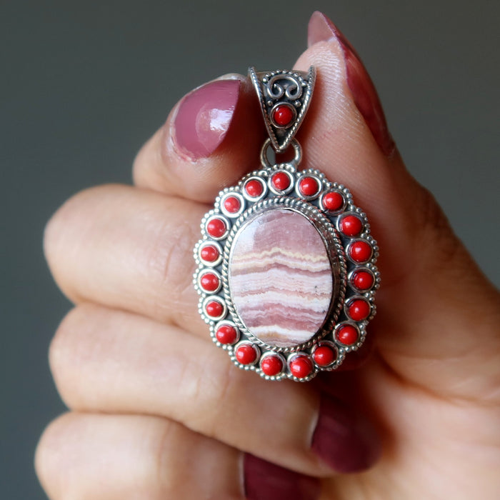 rhodochrosite and coral pendant