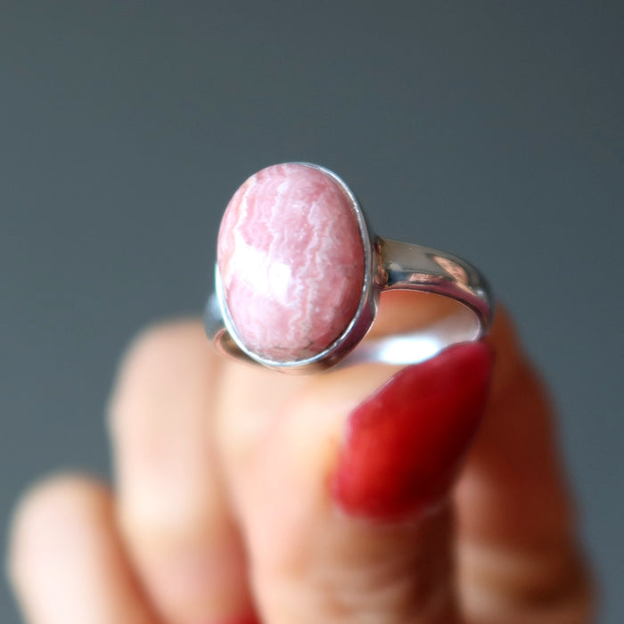 Rhodochrosite Ring Romance Sterling Silver Size 8.5