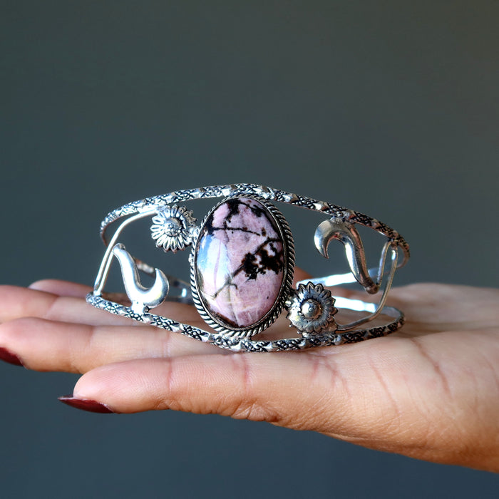 rhodonite sterling cuff bracelet on hand