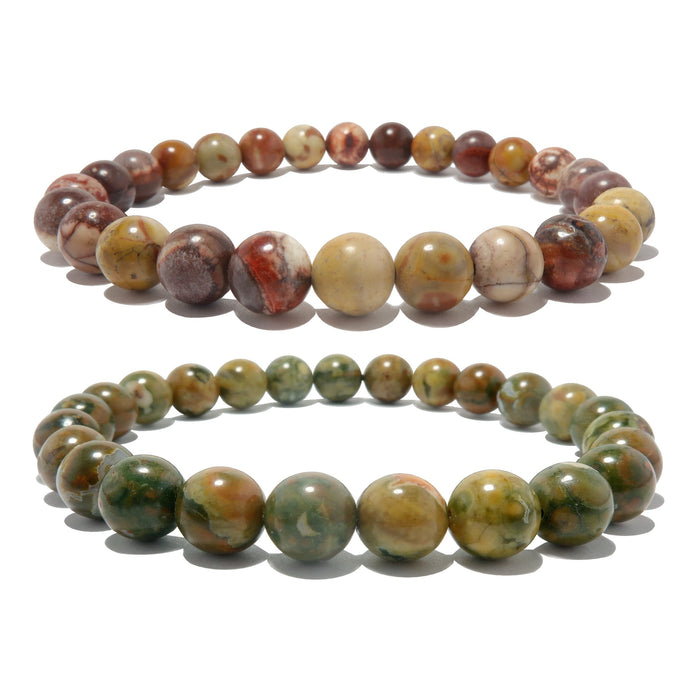 Rhyolite bracelet pair with one red birds eye pattern stone and one green gemstone